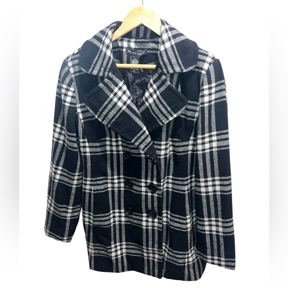 New York & Company Black White Plaid Wool Blend Peacoat Jacket Size 14